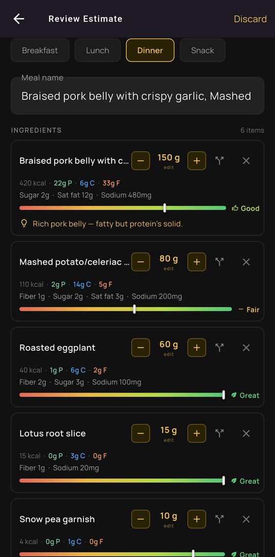 The Review Estimate screen: braised pork belly split into its ingredients, each with calories, protein, carbs and fat